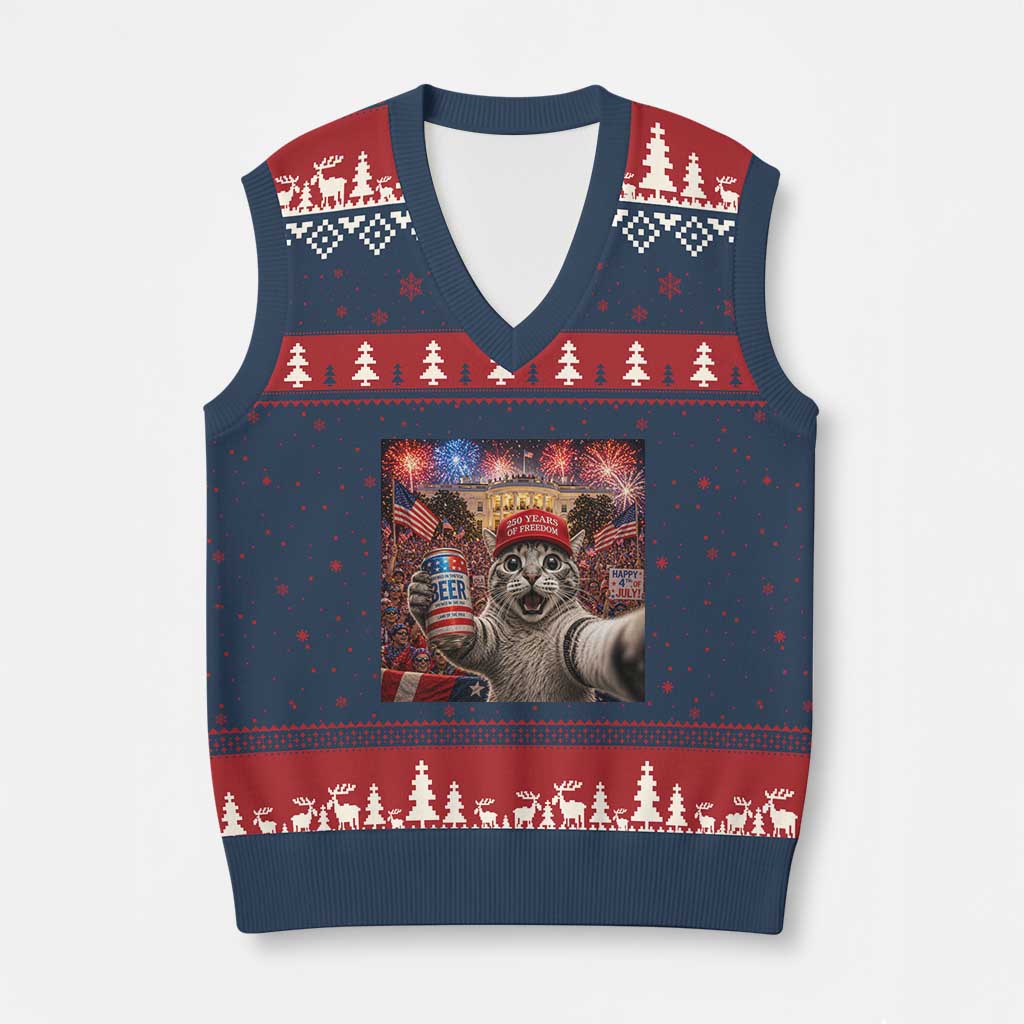250 Years Of Freedom V-Neck Knit Sweater Vest Funny Cat Selfie 4th of July Party TS14 Navy Red Print Your Wear