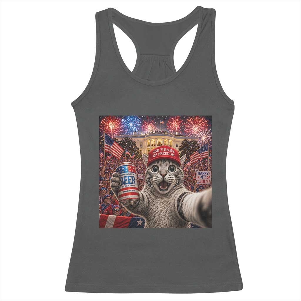 250 Years Of Freedom Racerback Tank Top Funny Cat Selfie 4th of July Party TS14 Dark Heather Print Your Wear