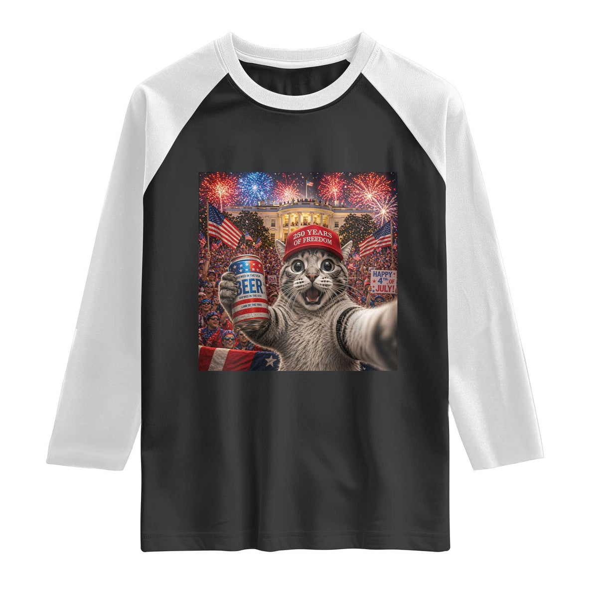 250 Years Of Freedom Raglan Shirt Funny Cat Selfie 4th of July Party TS14 Black White Print Your Wear