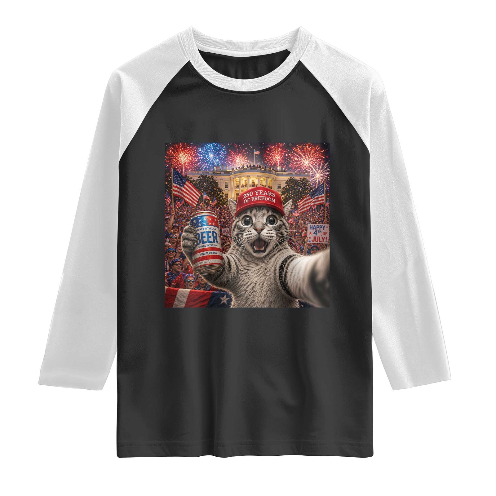 250 Years Of Freedom Raglan Shirt Funny Cat Selfie 4th of July Party TS14 Black White Print Your Wear