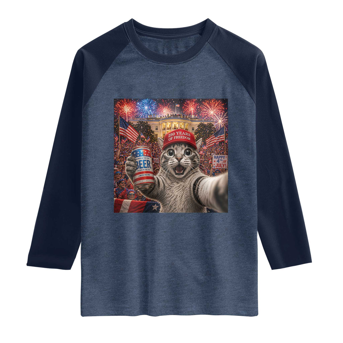 250 Years Of Freedom Raglan Shirt Funny Cat Selfie 4th of July Party TS14 Heather Denim Navy Print Your Wear