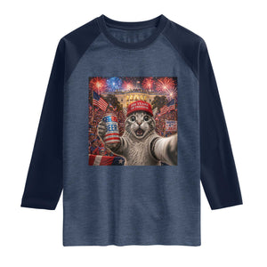 250 Years Of Freedom Raglan Shirt Funny Cat Selfie 4th of July Party TS14 Heather Denim Navy Print Your Wear