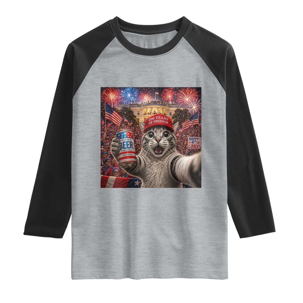 250 Years Of Freedom Raglan Shirt Funny Cat Selfie 4th of July Party TS14 Heather Gray Black Print Your Wear