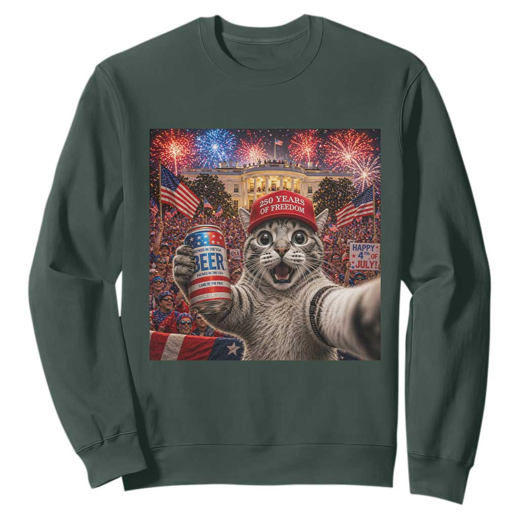 250 Years Of Freedom Sweatshirt Funny Cat Selfie 4th of July Party TS14 Dark Forest Green Print Your Wear
