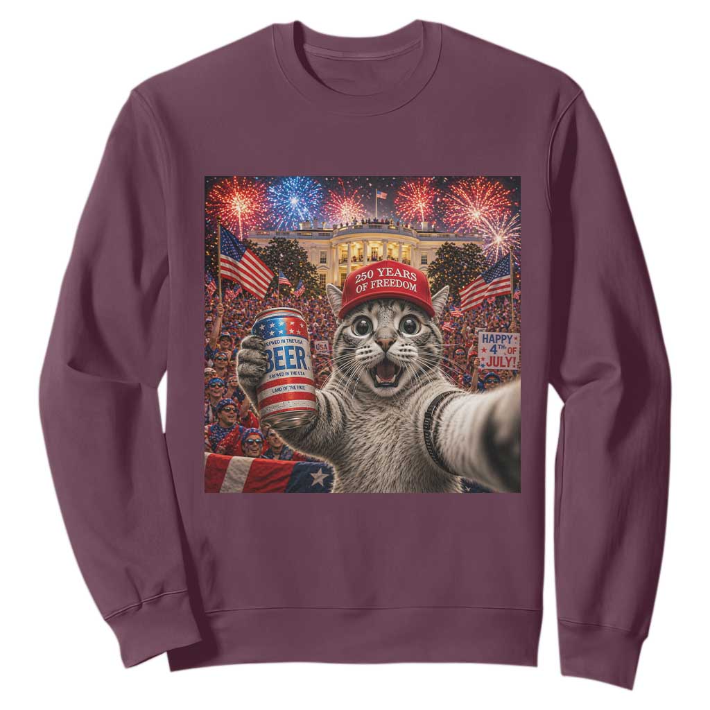 250 Years Of Freedom Sweatshirt Funny Cat Selfie 4th of July Party TS14 Maroon Print Your Wear