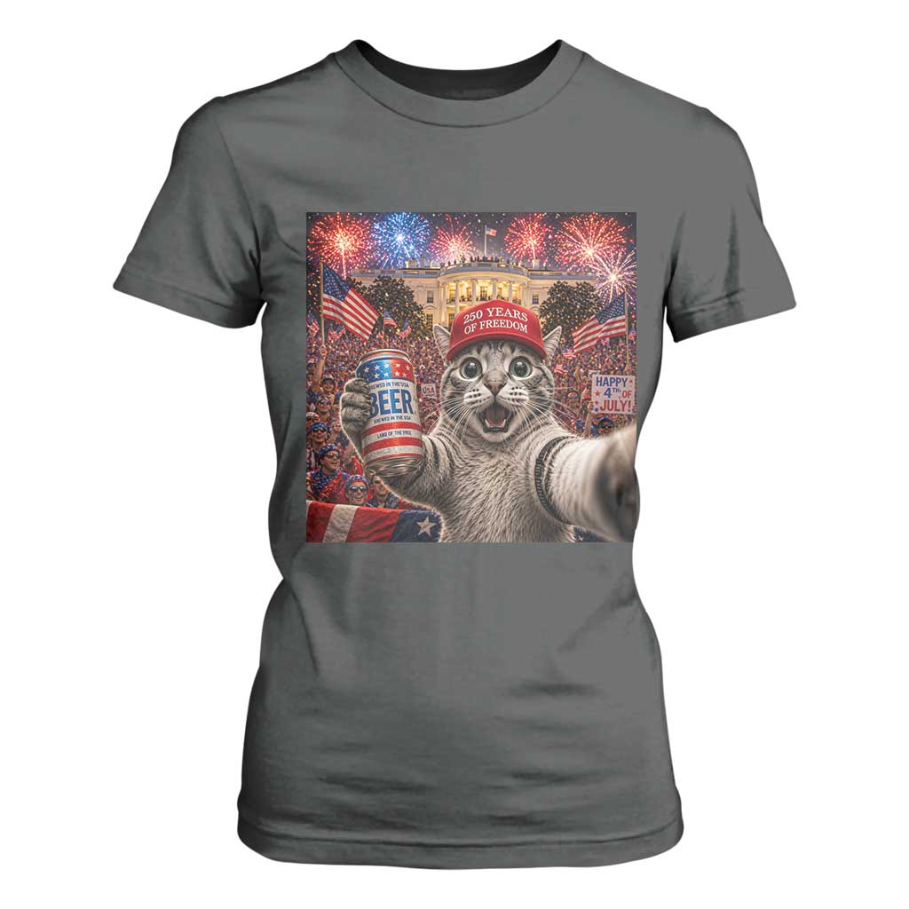250 Years Of Freedom T Shirt For Women Funny Cat Selfie 4th of July Party TS14 Dark Heather Print Your Wear