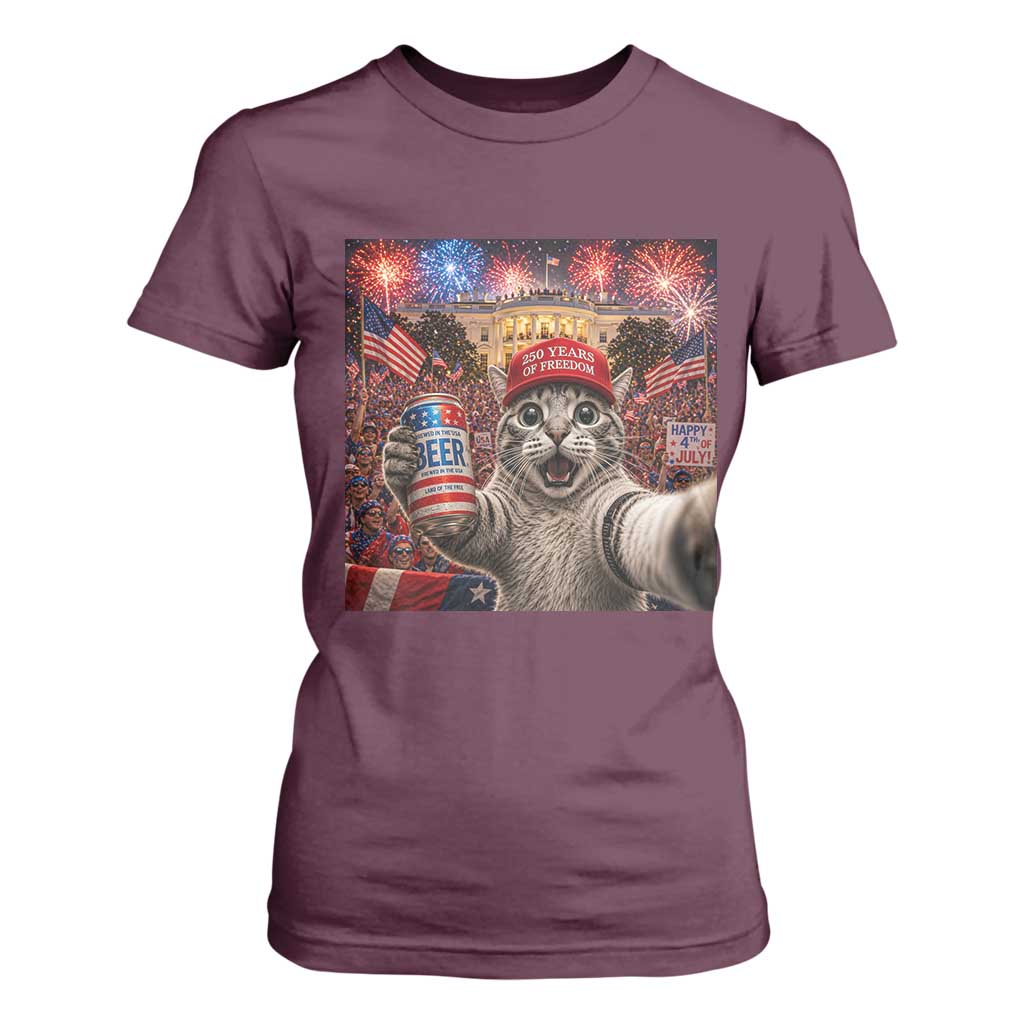 250 Years Of Freedom T Shirt For Women Funny Cat Selfie 4th of July Party TS14 Maroon Print Your Wear