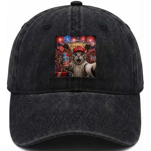 250 Years Of Freedom Washed Cotton Baseball Cap Funny Cat Selfie 4th of July Party TS14 Print Your Wear