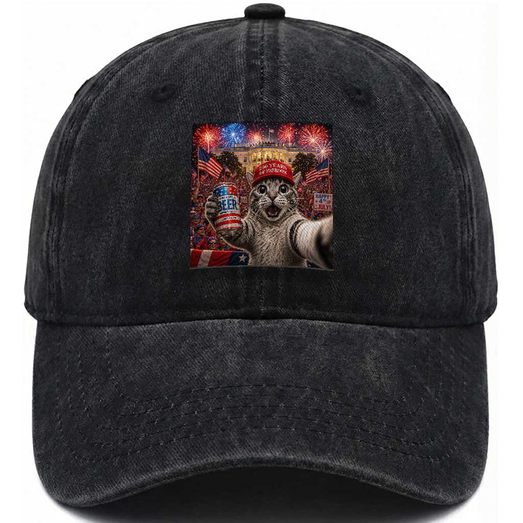 250 Years Of Freedom Washed Cotton Baseball Cap Funny Cat Selfie 4th of July Party TS14 Print Your Wear
