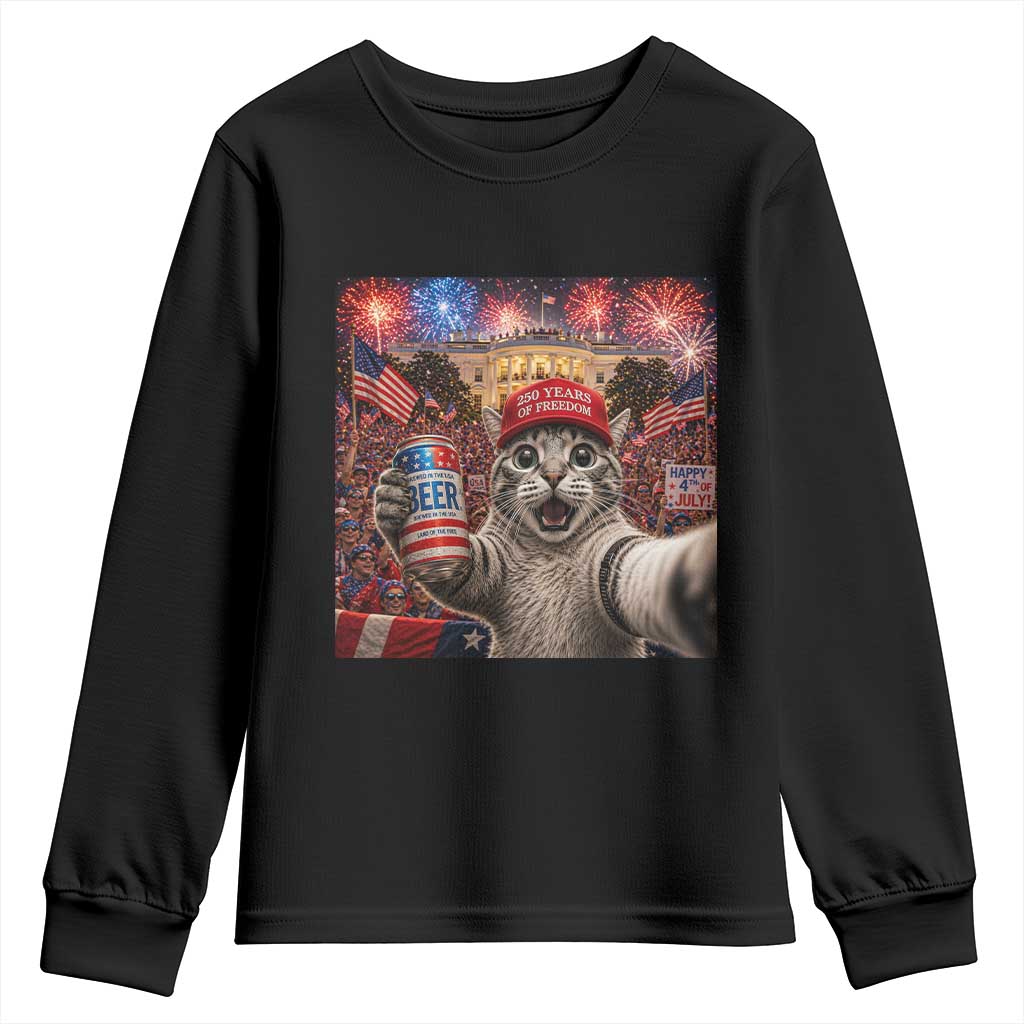 250 Years Of Freedom Youth Sweatshirt Funny Cat Selfie 4th of July Party TS14 Black Print Your Wear