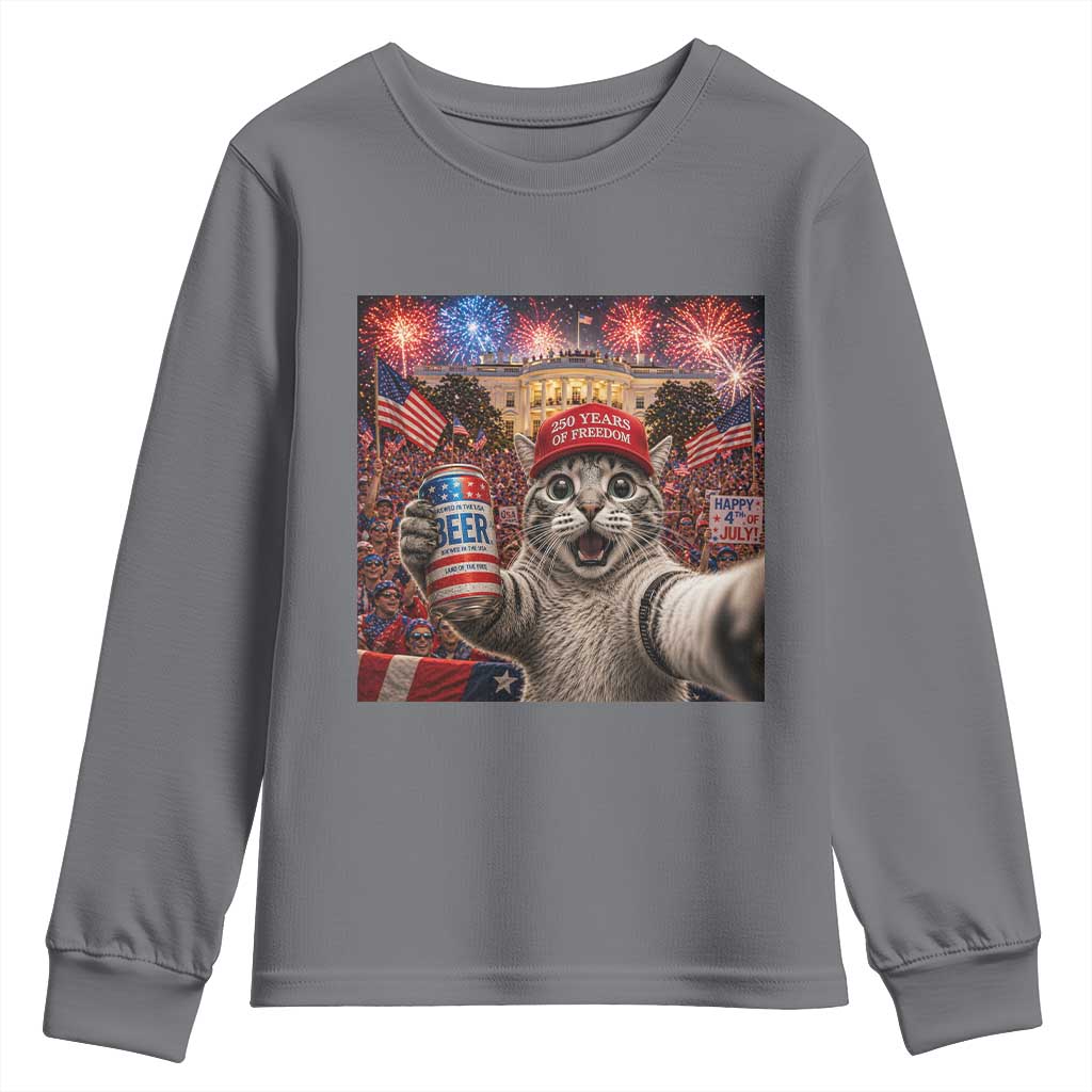 250 Years Of Freedom Youth Sweatshirt Funny Cat Selfie 4th of July Party TS14 Charcoal Print Your Wear