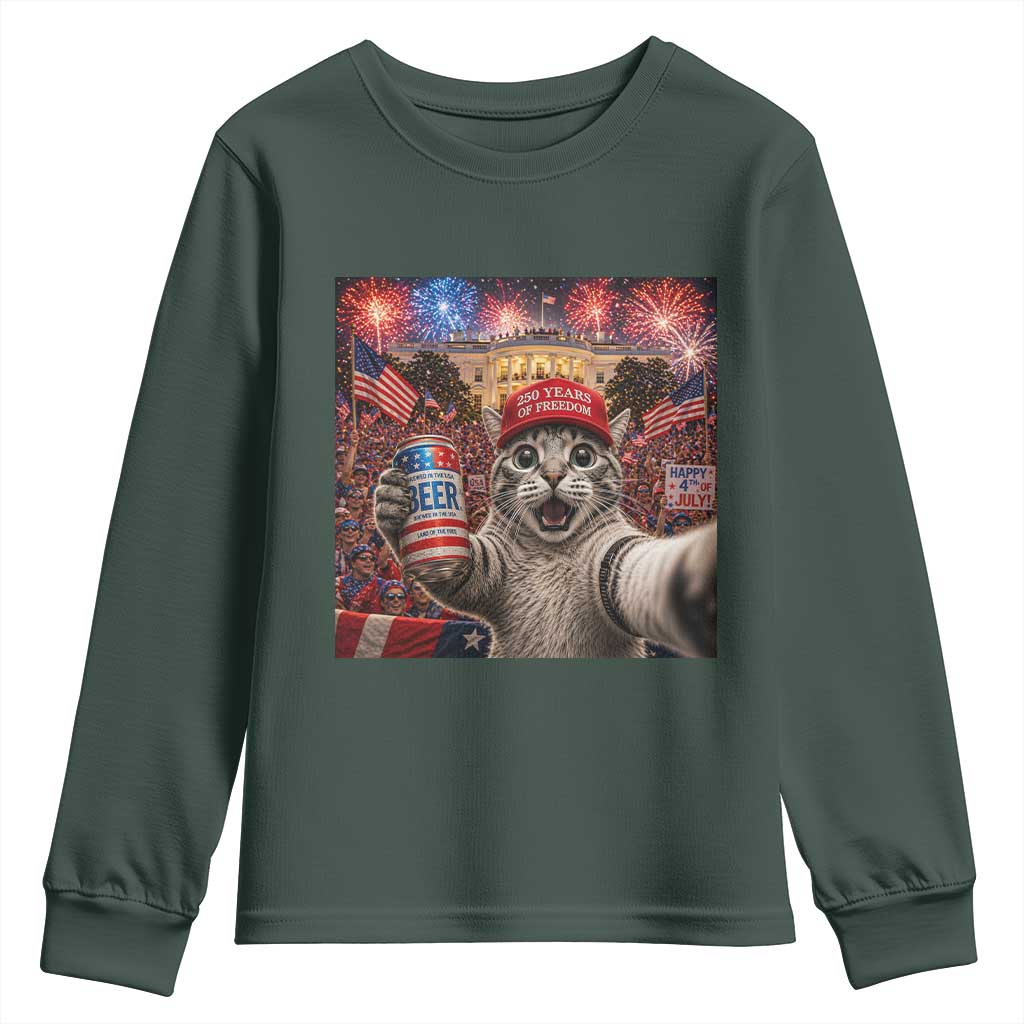 250 Years Of Freedom Youth Sweatshirt Funny Cat Selfie 4th of July Party TS14 Dark Forest Green Print Your Wear