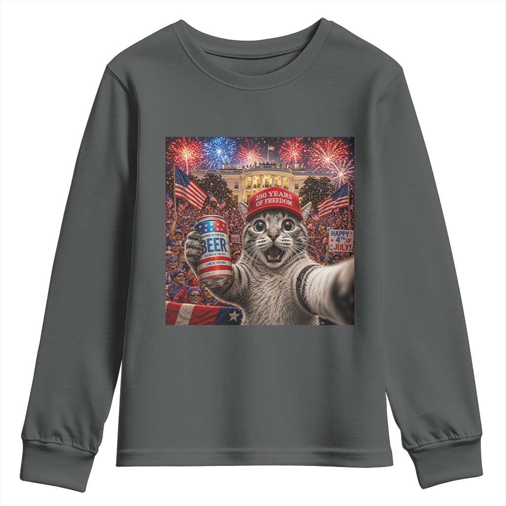 250 Years Of Freedom Youth Sweatshirt Funny Cat Selfie 4th of July Party TS14 Dark Heather Print Your Wear