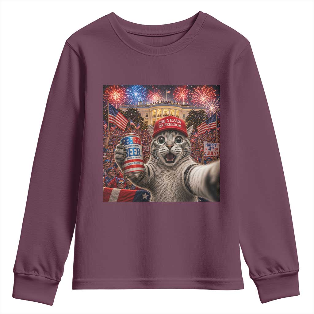 250 Years Of Freedom Youth Sweatshirt Funny Cat Selfie 4th of July Party TS14 Maroon Print Your Wear