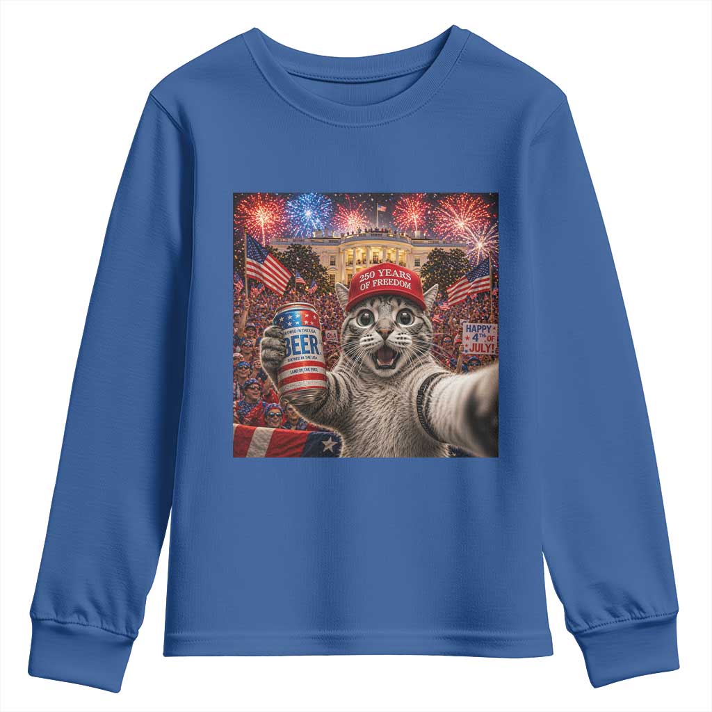 250 Years Of Freedom Youth Sweatshirt Funny Cat Selfie 4th of July Party TS14 Royal Blue Print Your Wear