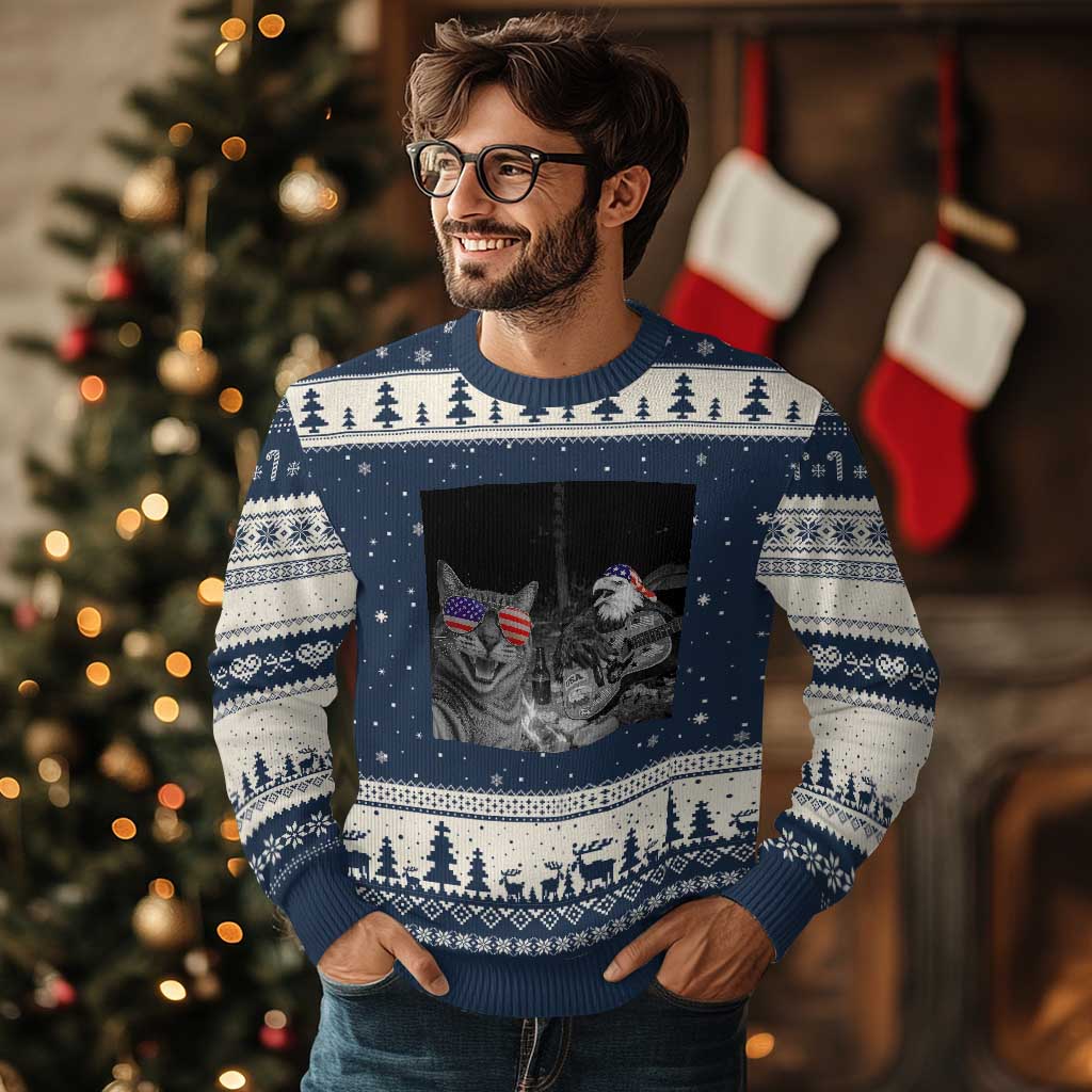 Funny Cat Selfie 4th of July Ugly Christmas Sweater Patriotic Eagle American Flag Gift TS14 Navy Beige Print Your Wear