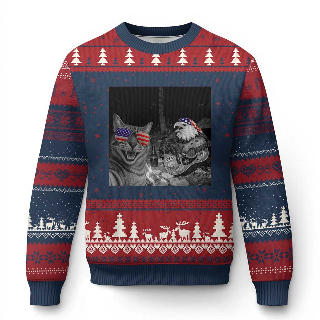 Funny Cat Selfie 4th of July Ugly Christmas Sweater Patriotic Eagle American Flag Gift TS14 Navy Red Print Your Wear