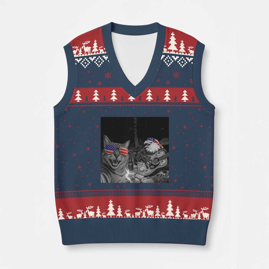 Funny Cat Selfie 4th of July V-Neck Knit Sweater Vest Patriotic Eagle American Flag Gift TS14 Navy Red Print Your Wear