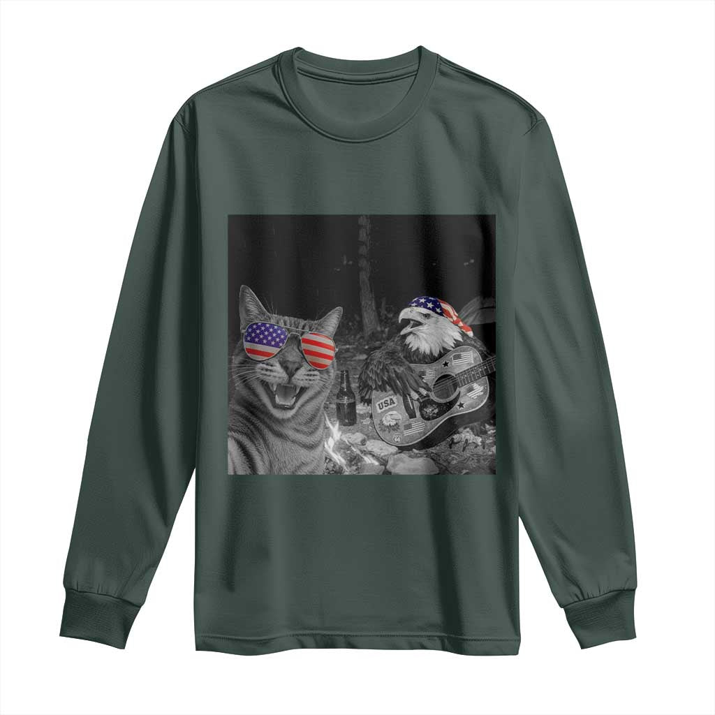 Funny Cat Selfie 4th of July Long Sleeve Shirt Patriotic Eagle American Flag Gift TS14 Dark Forest Green Print Your Wear