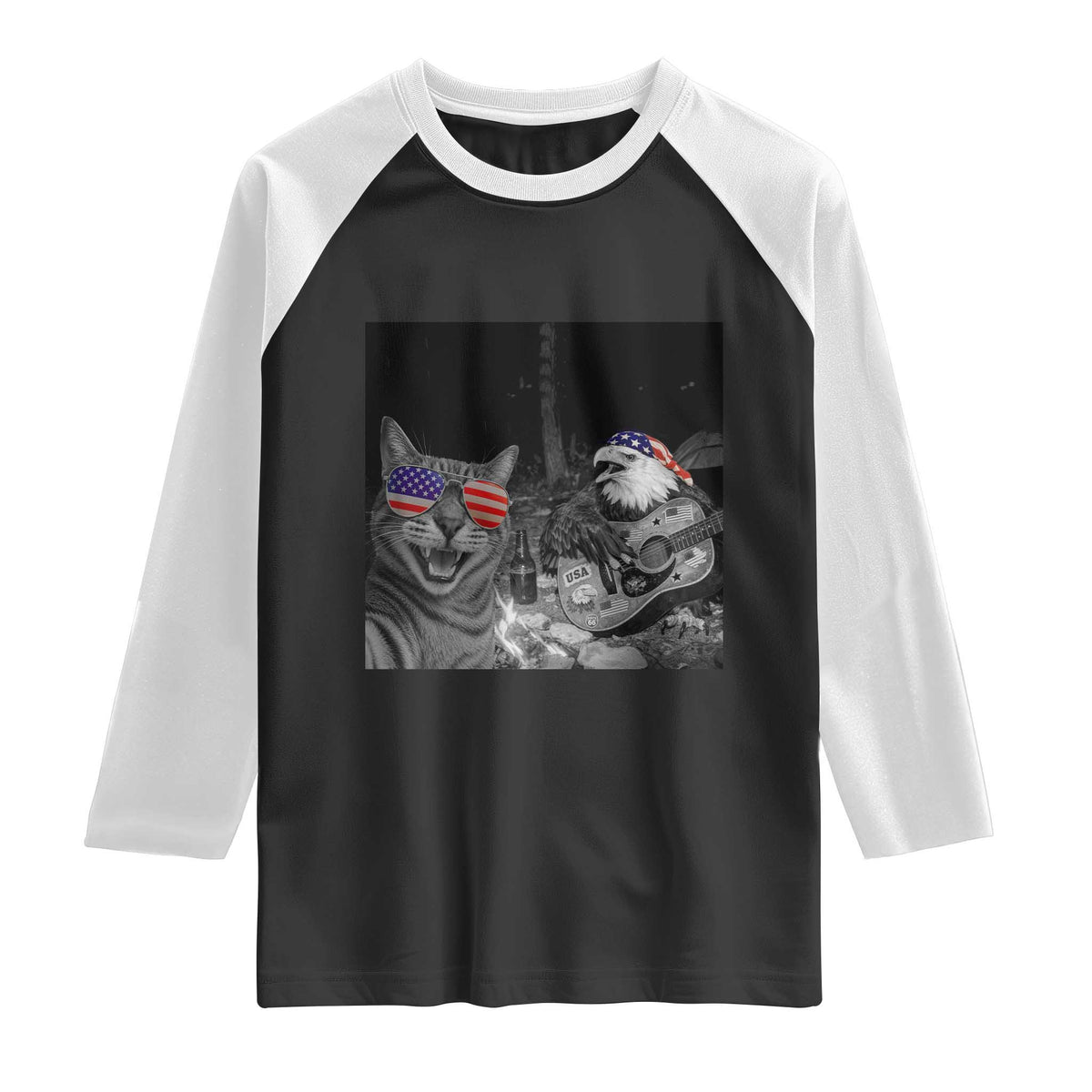 Funny Cat Selfie 4th of July Raglan Shirt Patriotic Eagle American Flag Gift TS14 Black White Print Your Wear