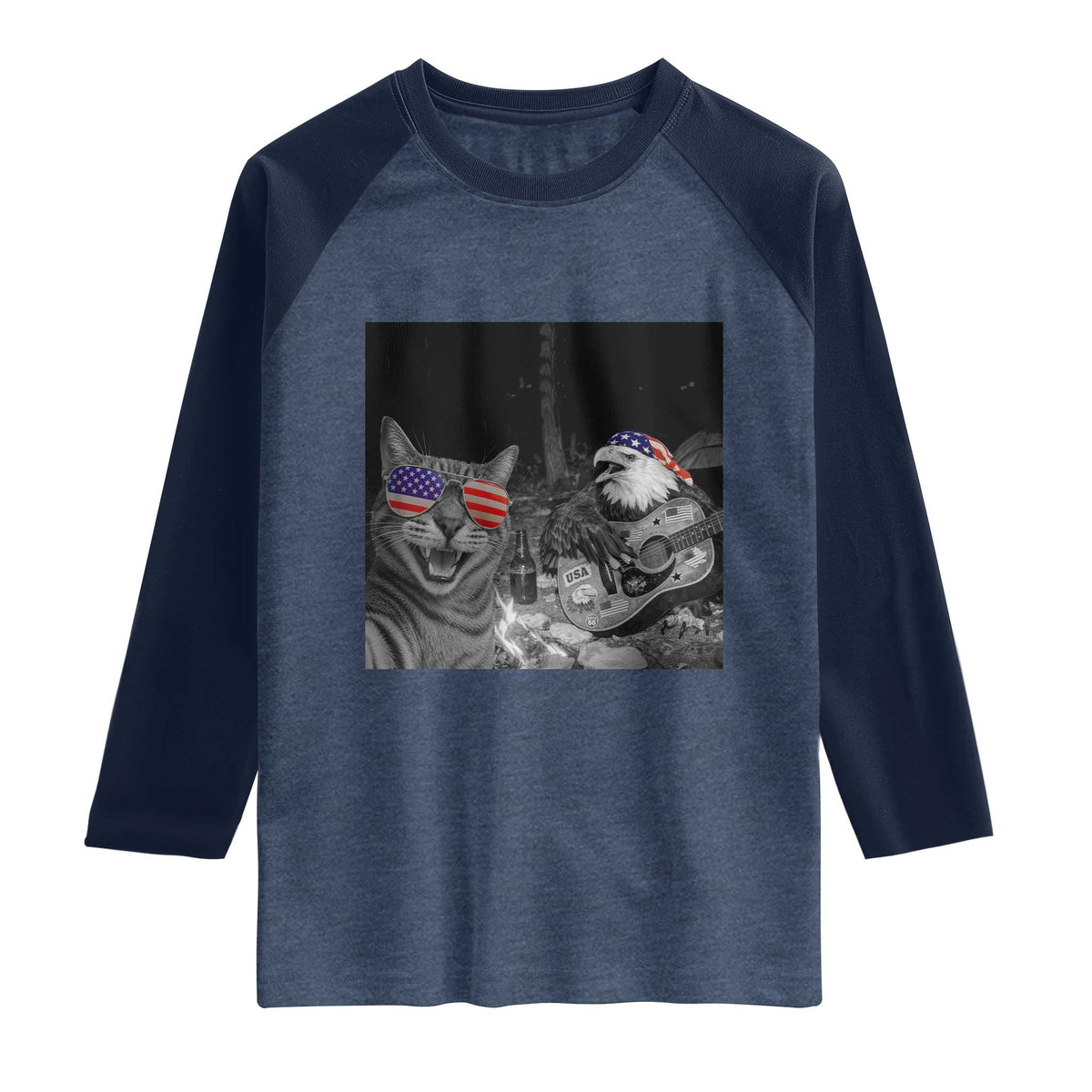 Funny Cat Selfie 4th of July Raglan Shirt Patriotic Eagle American Flag Gift TS14 Heather Denim Navy Print Your Wear