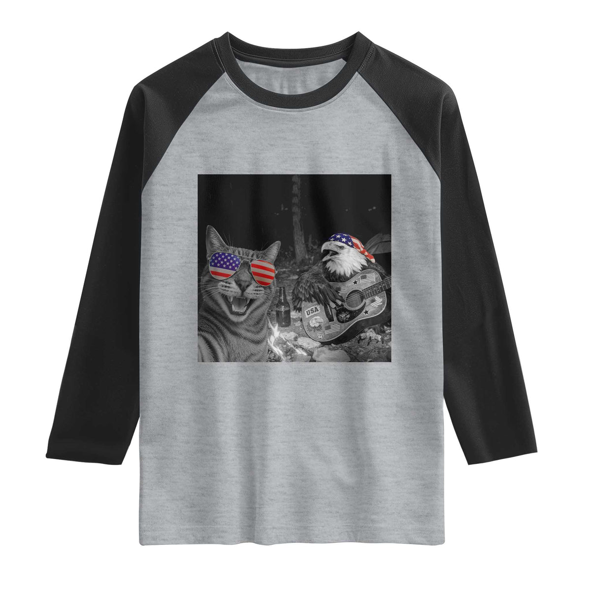 Funny Cat Selfie 4th of July Raglan Shirt Patriotic Eagle American Flag Gift TS14 Heather Gray Black Print Your Wear