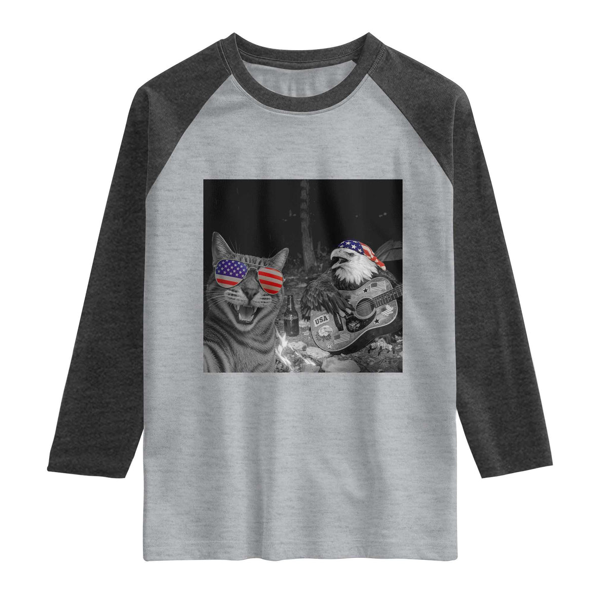 Funny Cat Selfie 4th of July Raglan Shirt Patriotic Eagle American Flag Gift TS14 Heather Gray Heather Charcoal Print Your Wear