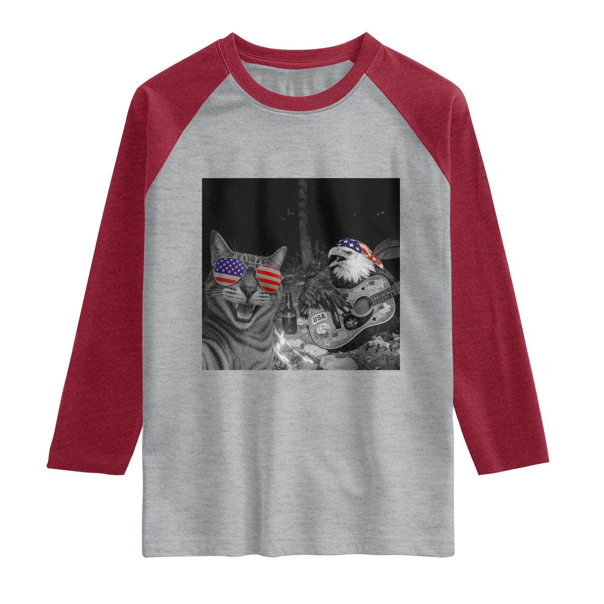 Funny Cat Selfie 4th of July Raglan Shirt Patriotic Eagle American Flag Gift TS14 Heather Gray Heather Red Print Your Wear