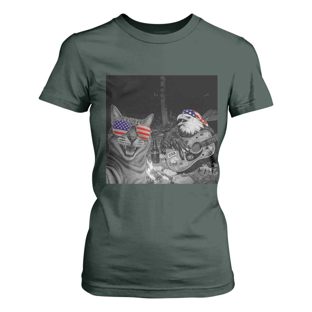 Funny Cat Selfie 4th of July T Shirt For Women Patriotic Eagle American Flag Gift TS14 Dark Forest Green Print Your Wear