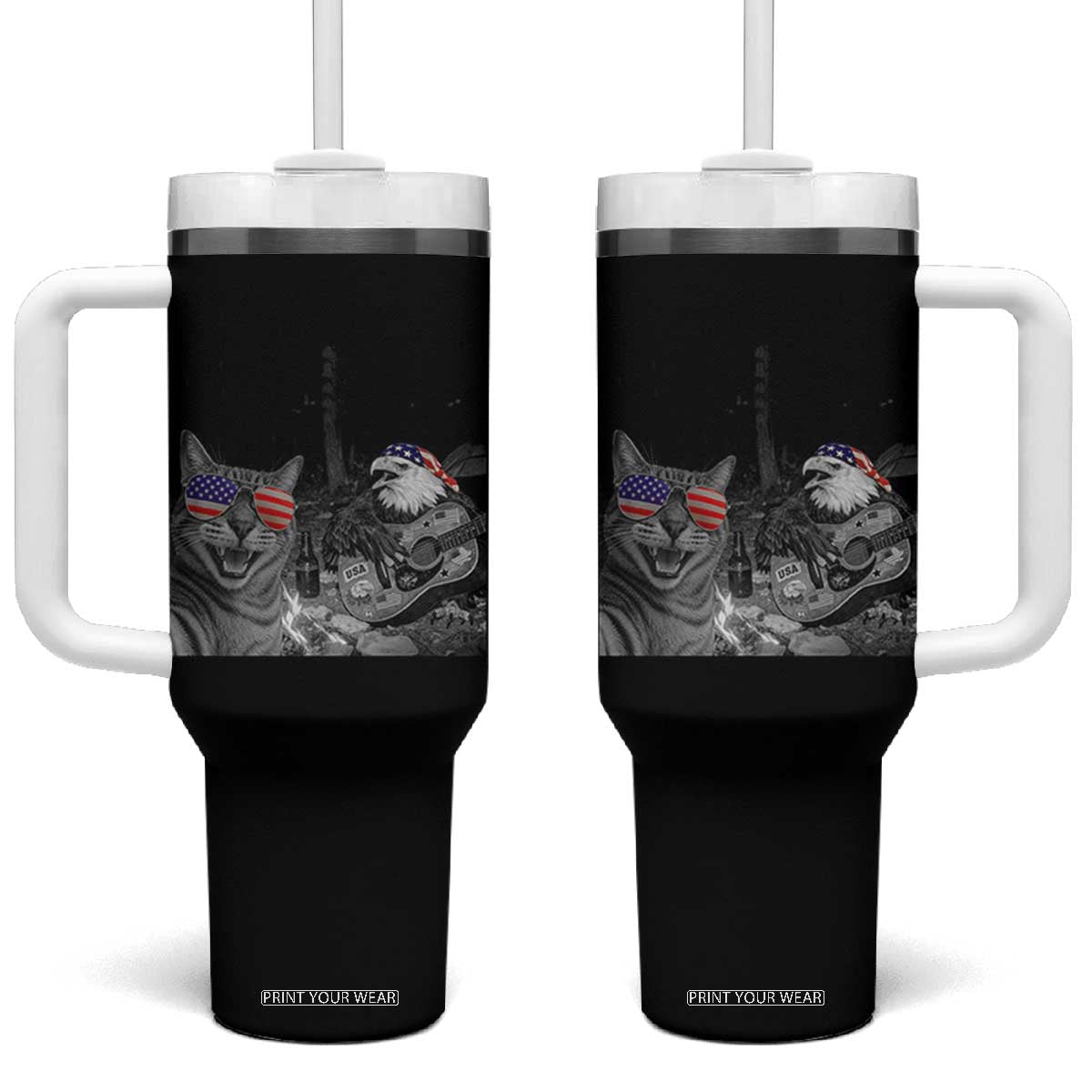 Funny Cat Selfie 4th of July Tumbler With Handle Patriotic Eagle American Flag Gift TS14 One Size: 40 oz Black Print Your Wear
