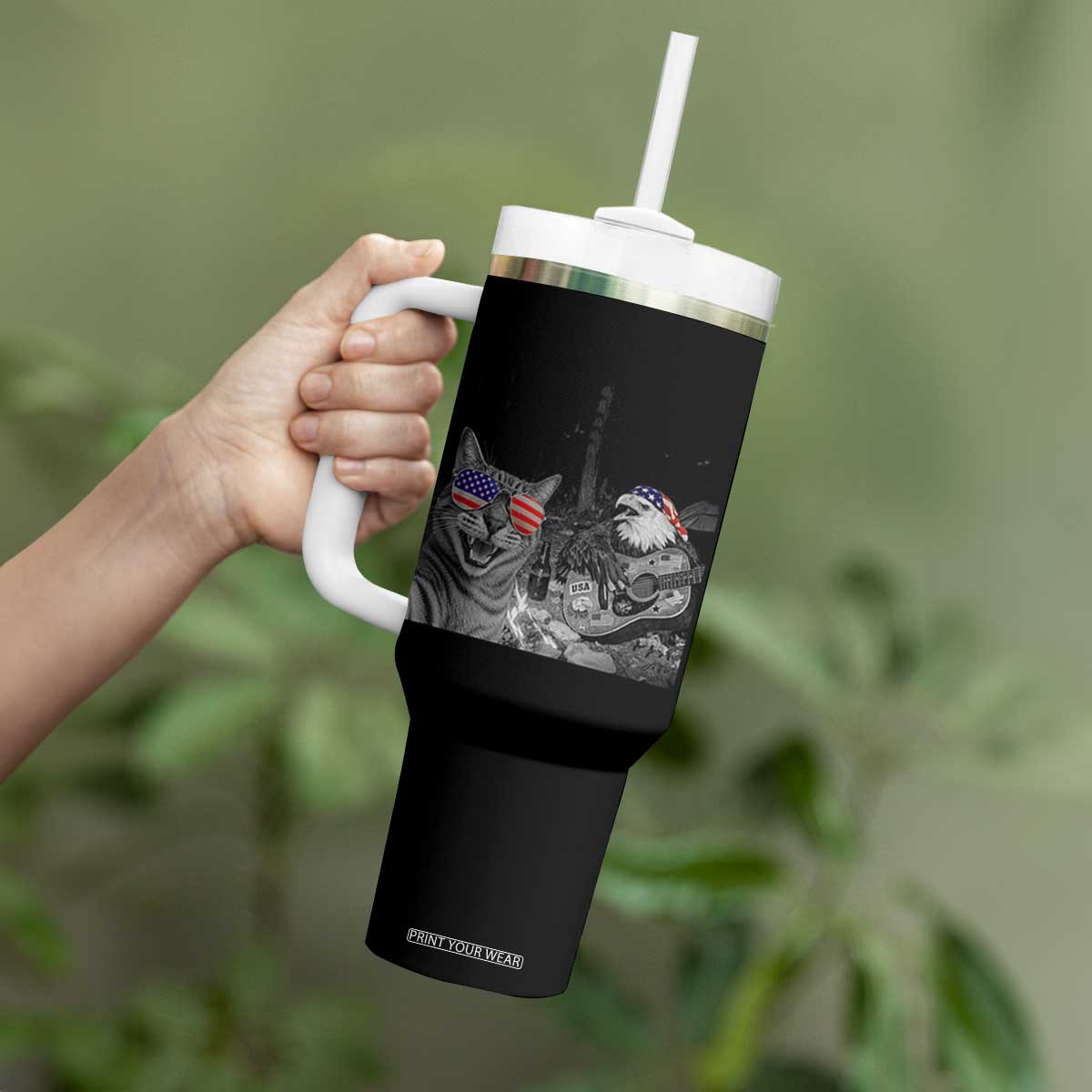 Funny Cat Selfie 4th of July Tumbler With Handle Patriotic Eagle American Flag Gift TS14 Print Your Wear