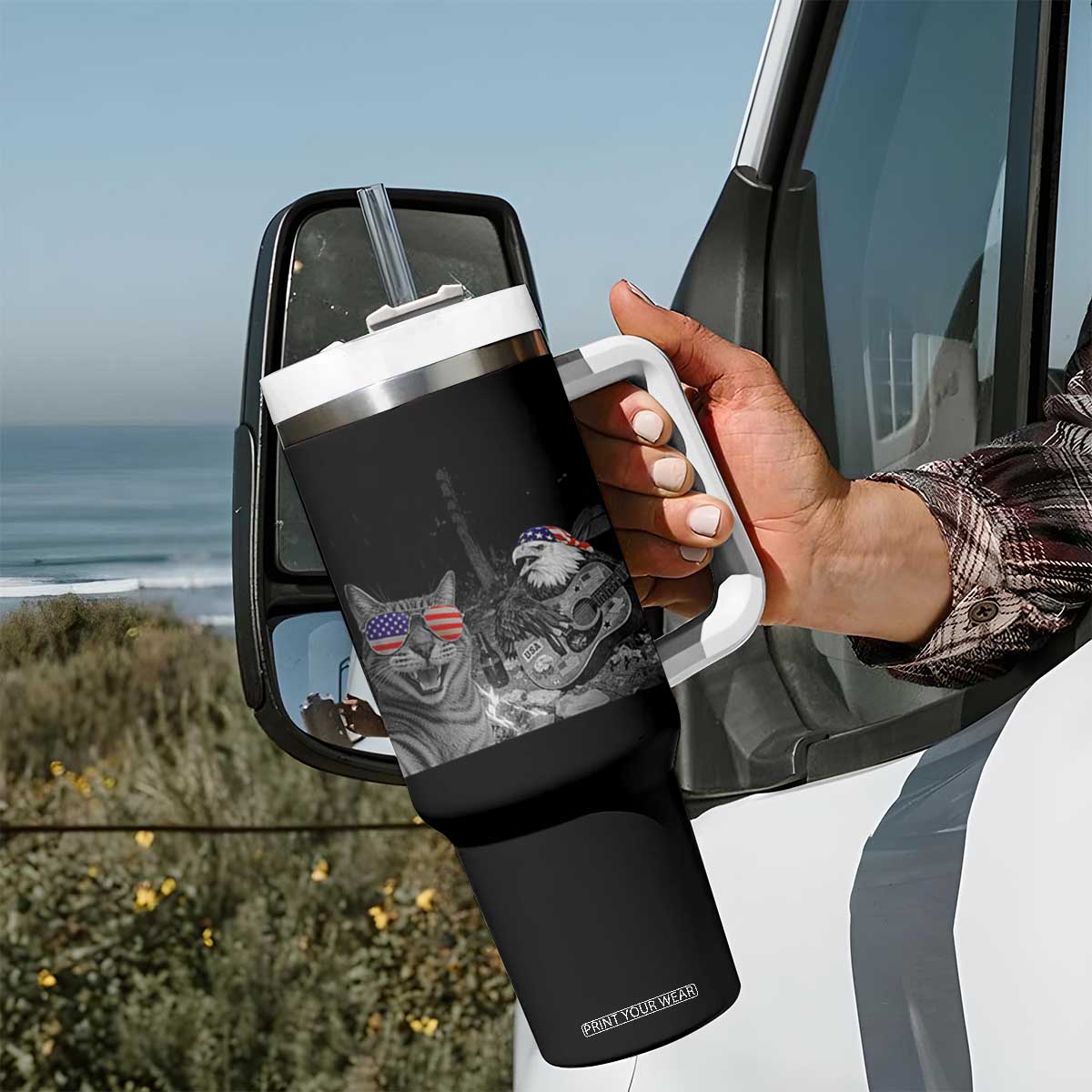 Funny Cat Selfie 4th of July Tumbler With Handle Patriotic Eagle American Flag Gift TS14 Print Your Wear