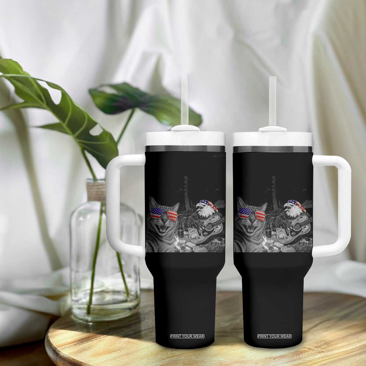 Funny Cat Selfie 4th of July Tumbler With Handle Patriotic Eagle American Flag Gift TS14 Print Your Wear