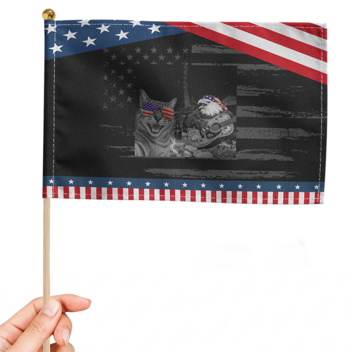 Funny Cat Selfie 4th of July Patriotic Handheld Flag Eagle American Flag Gift TS14 Distressed 8.2