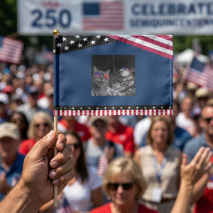 Funny Cat Selfie 4th of July Patriotic Handheld Flag Eagle American Flag Gift TS14 Classic 8.2" × 5.5" Blue Black Print Your Wear