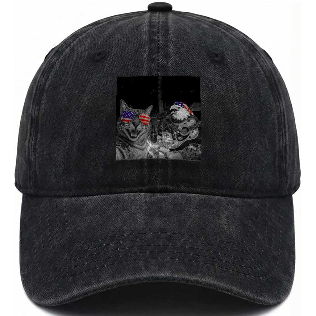 Funny Cat Selfie 4th of July Washed Cotton Baseball Cap Patriotic Eagle American Flag Gift TS14 Print Your Wear