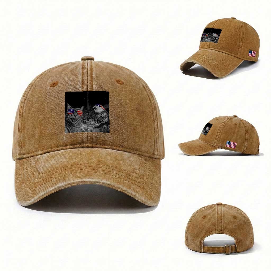 Funny Cat Selfie 4th of July Washed Cotton Baseball Cap Patriotic Eagle American Flag Gift TS14 Washed Cap Universal Fit Yellow Ochre Print Your Wear