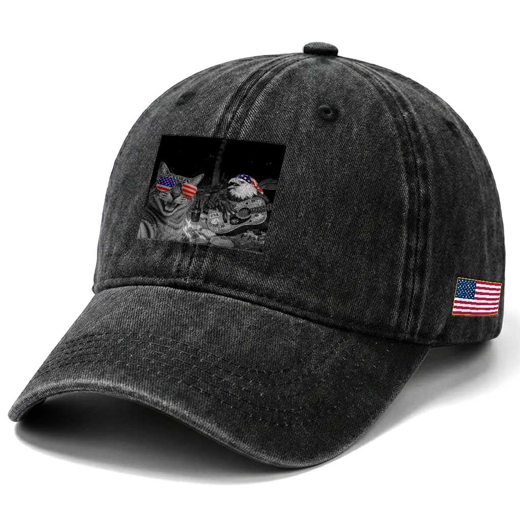 Funny Cat Selfie 4th of July Washed Cotton Baseball Cap Patriotic Eagle American Flag Gift TS14 Print Your Wear