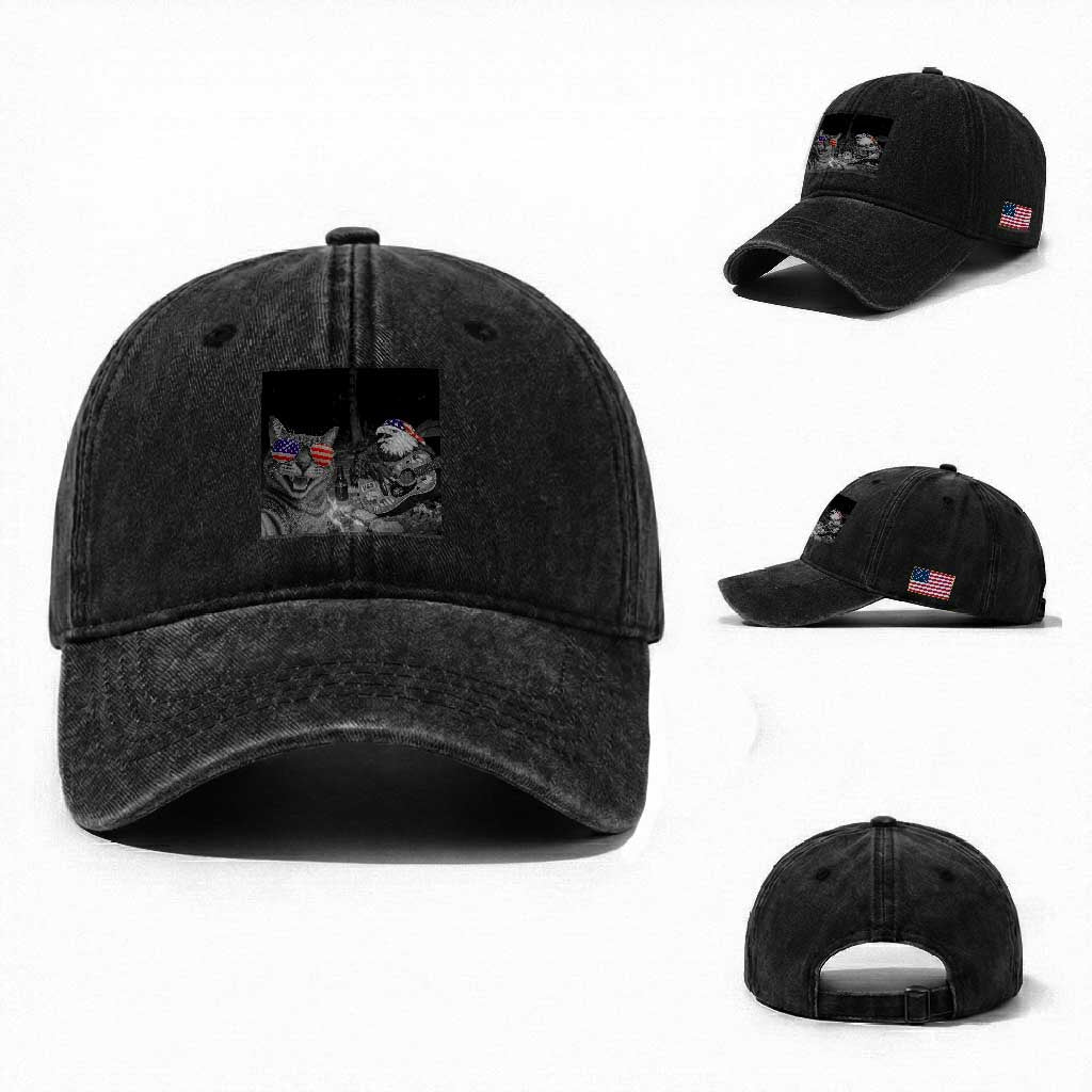 Funny Cat Selfie 4th of July Washed Cotton Baseball Cap Patriotic Eagle American Flag Gift TS14 Washed Cap Universal Fit Black Print Your Wear