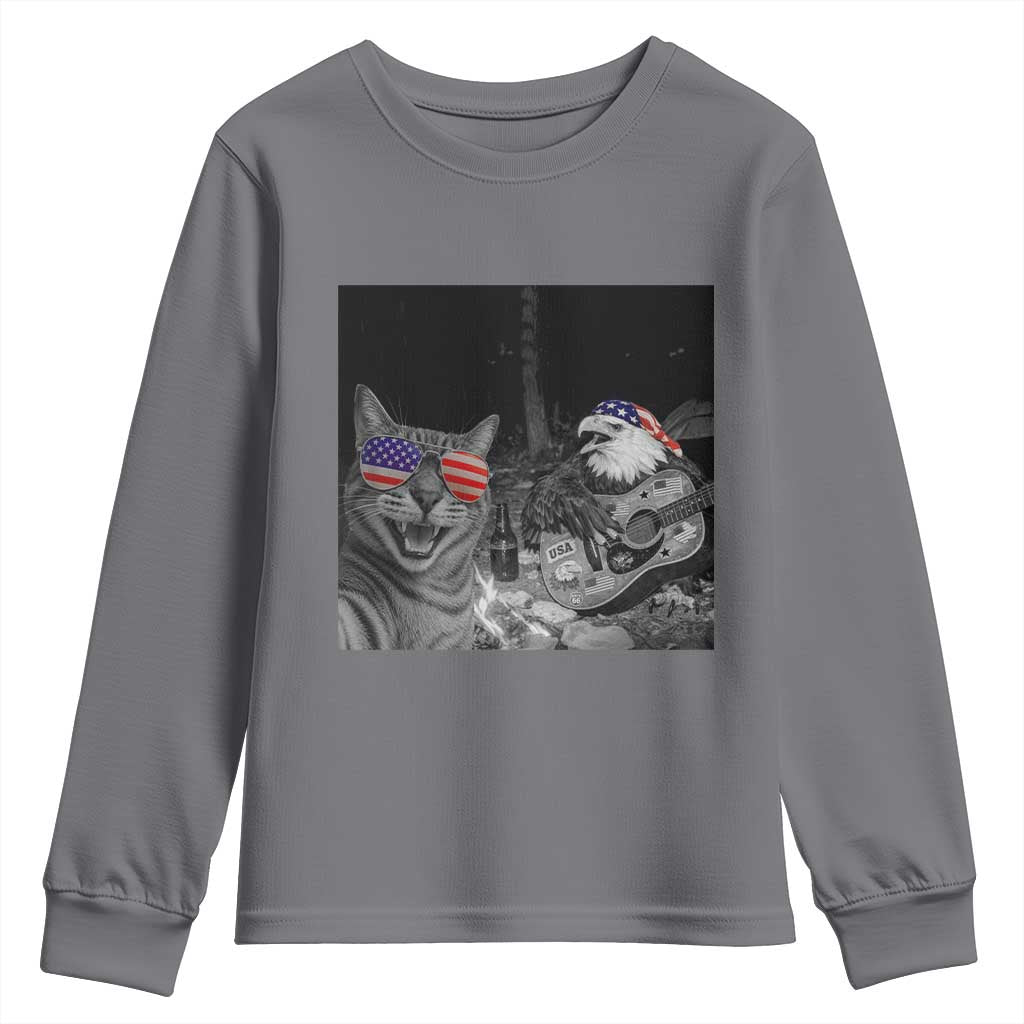 Funny Cat Selfie 4th of July Youth Sweatshirt Patriotic Eagle American Flag Gift TS14 Charcoal Print Your Wear