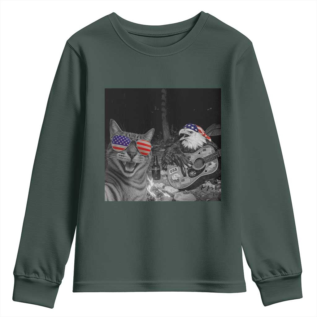 Funny Cat Selfie 4th of July Youth Sweatshirt Patriotic Eagle American Flag Gift TS14 Dark Forest Green Print Your Wear