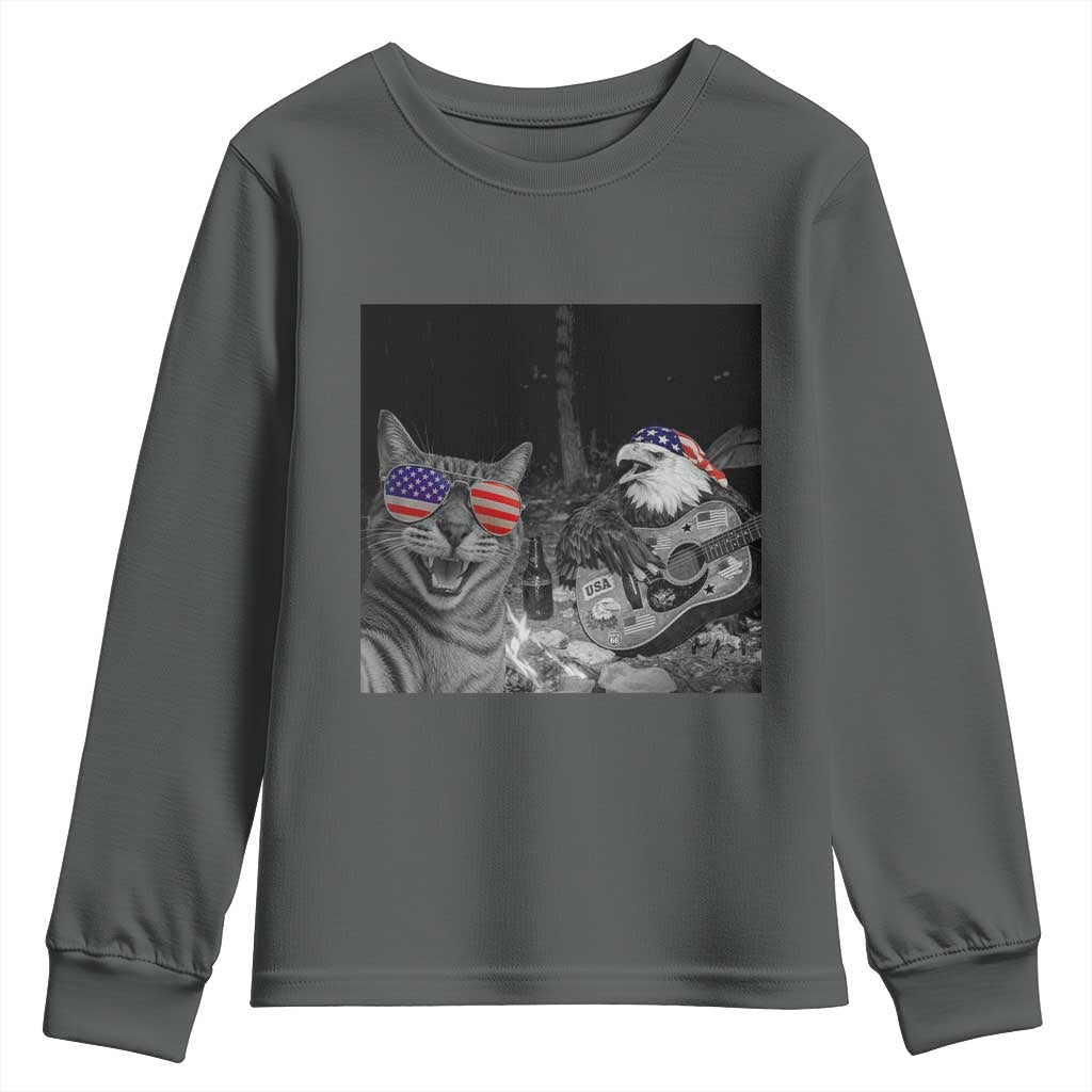 Funny Cat Selfie 4th of July Youth Sweatshirt Patriotic Eagle American Flag Gift TS14 Dark Heather Print Your Wear