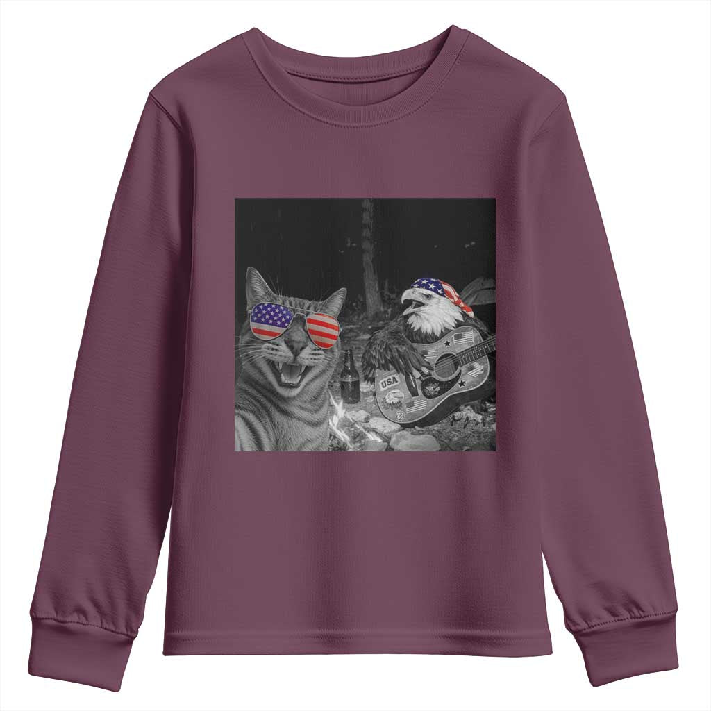 Funny Cat Selfie 4th of July Youth Sweatshirt Patriotic Eagle American Flag Gift TS14 Maroon Print Your Wear