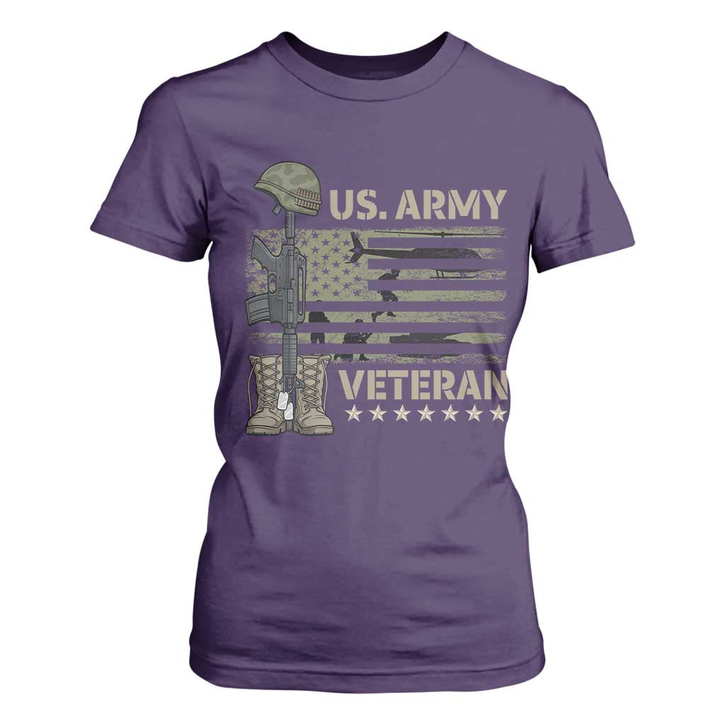 US Arrny Veteran T Shirt For Women Proud Soldier USA Flag Camouflage Military TS14 Purple Print Your Wear