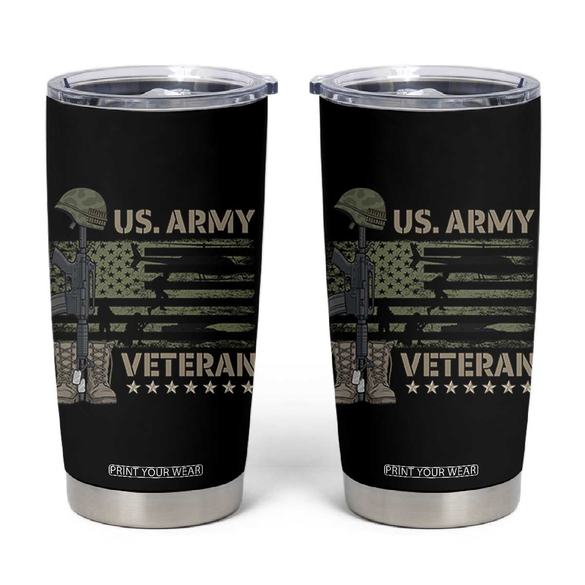 US Arrny Veteran Tumbler Cup Proud Soldier USA Flag Camouflage Military TS14 Black Print Your Wear