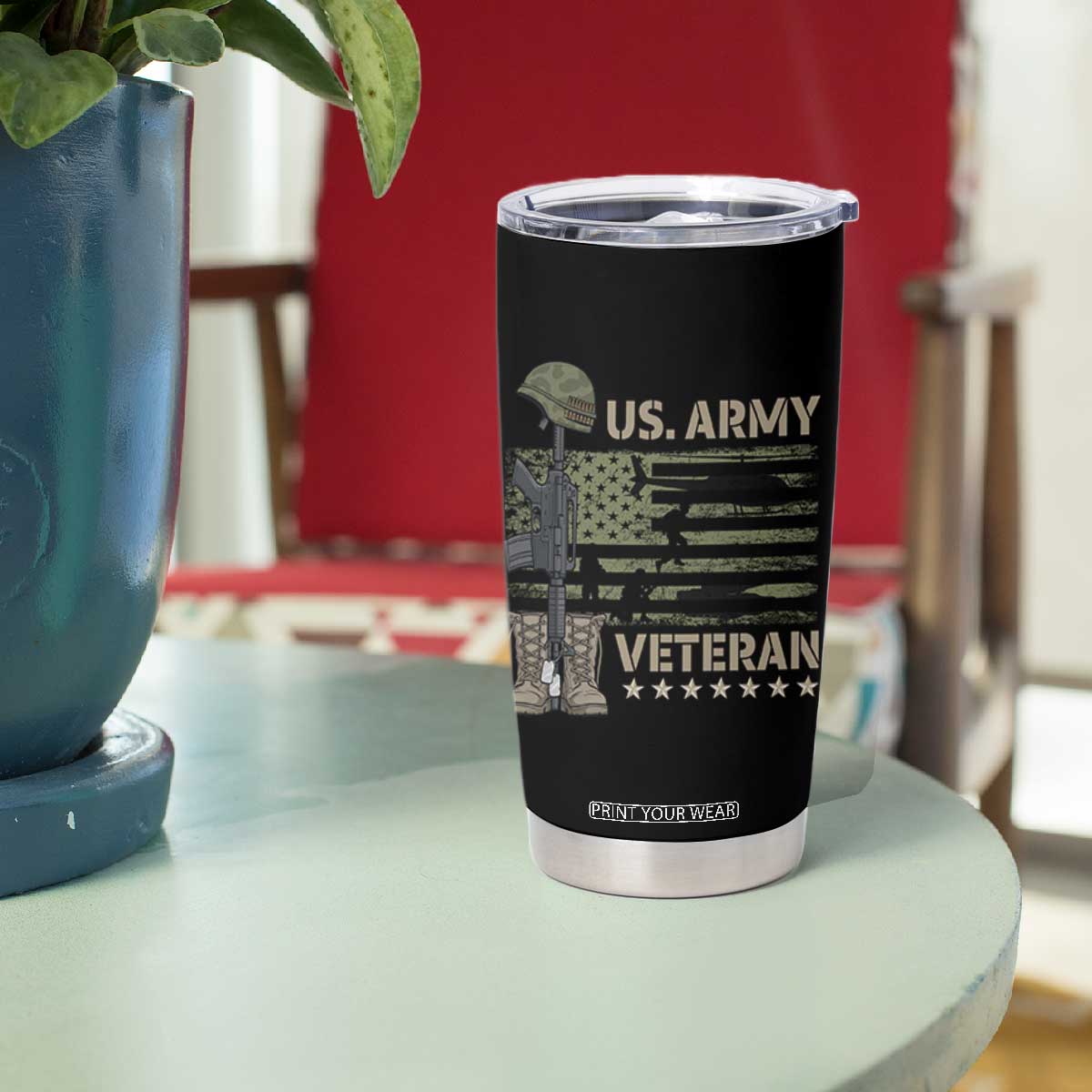 US Arrny Veteran Tumbler Cup Proud Soldier USA Flag Camouflage Military TS14 Print Your Wear