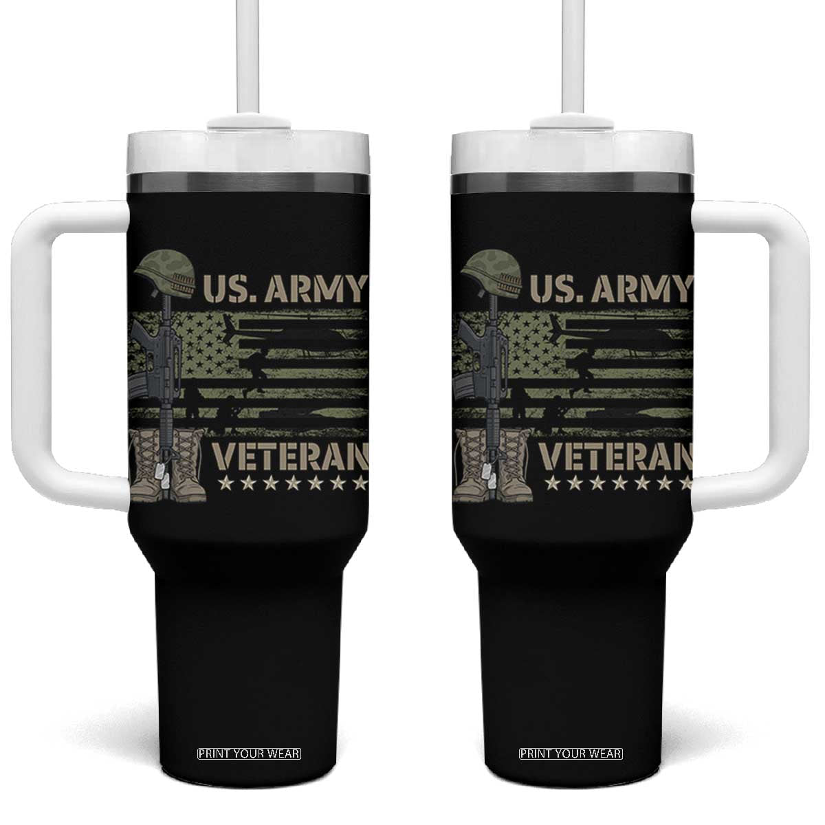 US Arrny Veteran Tumbler With Handle Proud Soldier USA Flag Camouflage Military TS14 One Size: 40 oz Black Print Your Wear