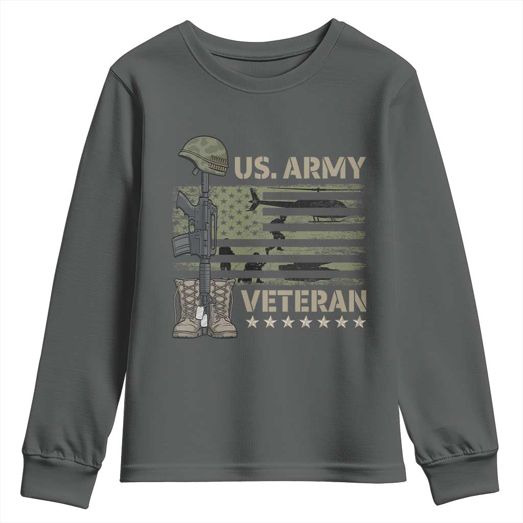 US Arrny Veteran Youth Sweatshirt Proud Soldier USA Flag Camouflage Military TS14 Dark Heather Print Your Wear