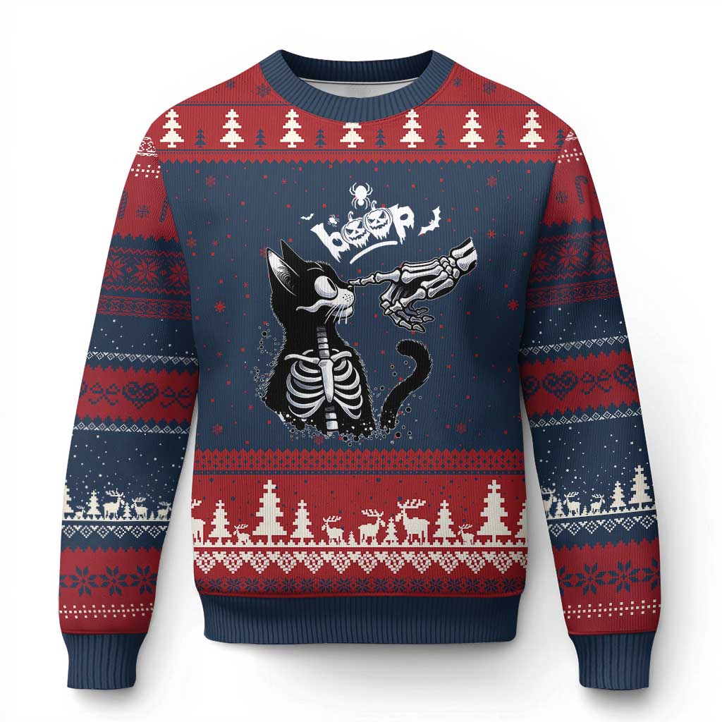Black Cat Halloween Ugly Christmas Sweater Skeleton Hand Boop - Print Your Wear
