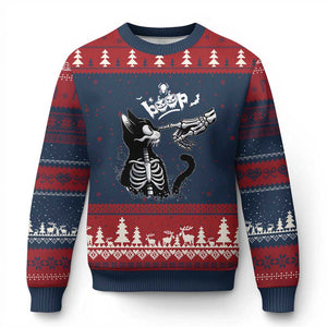 Black Cat Halloween Ugly Christmas Sweater Skeleton Hand Boop - Print Your Wear